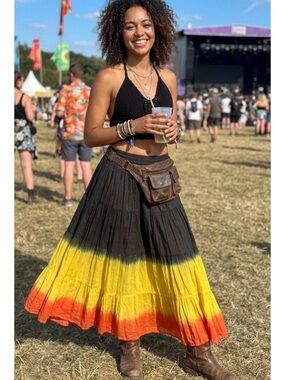 Bohemian Tiered Dip-Dye Maxi Skirt in Black, Yellow & Orange 12